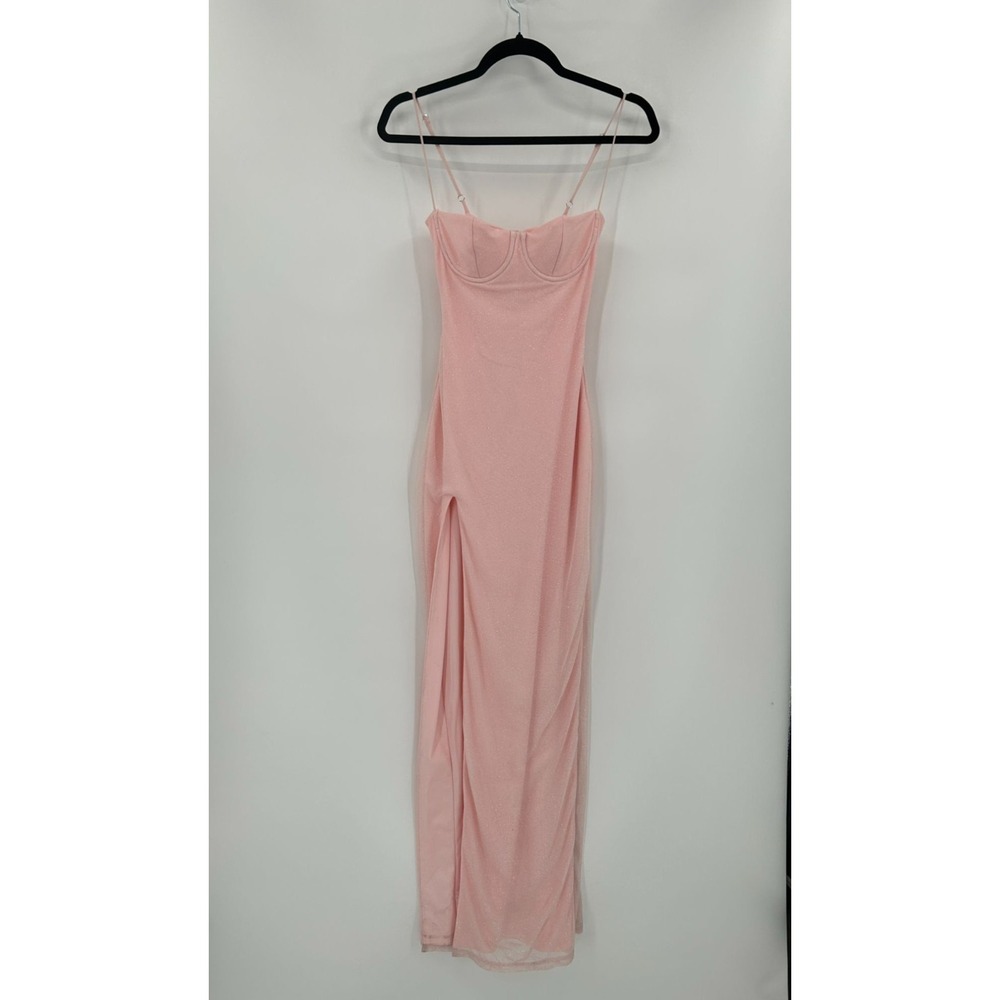 Babyboo Sz XS Pink Glitter Mesh Spaghetti Strap Sexy Maxi Dress Bustier BodyCon